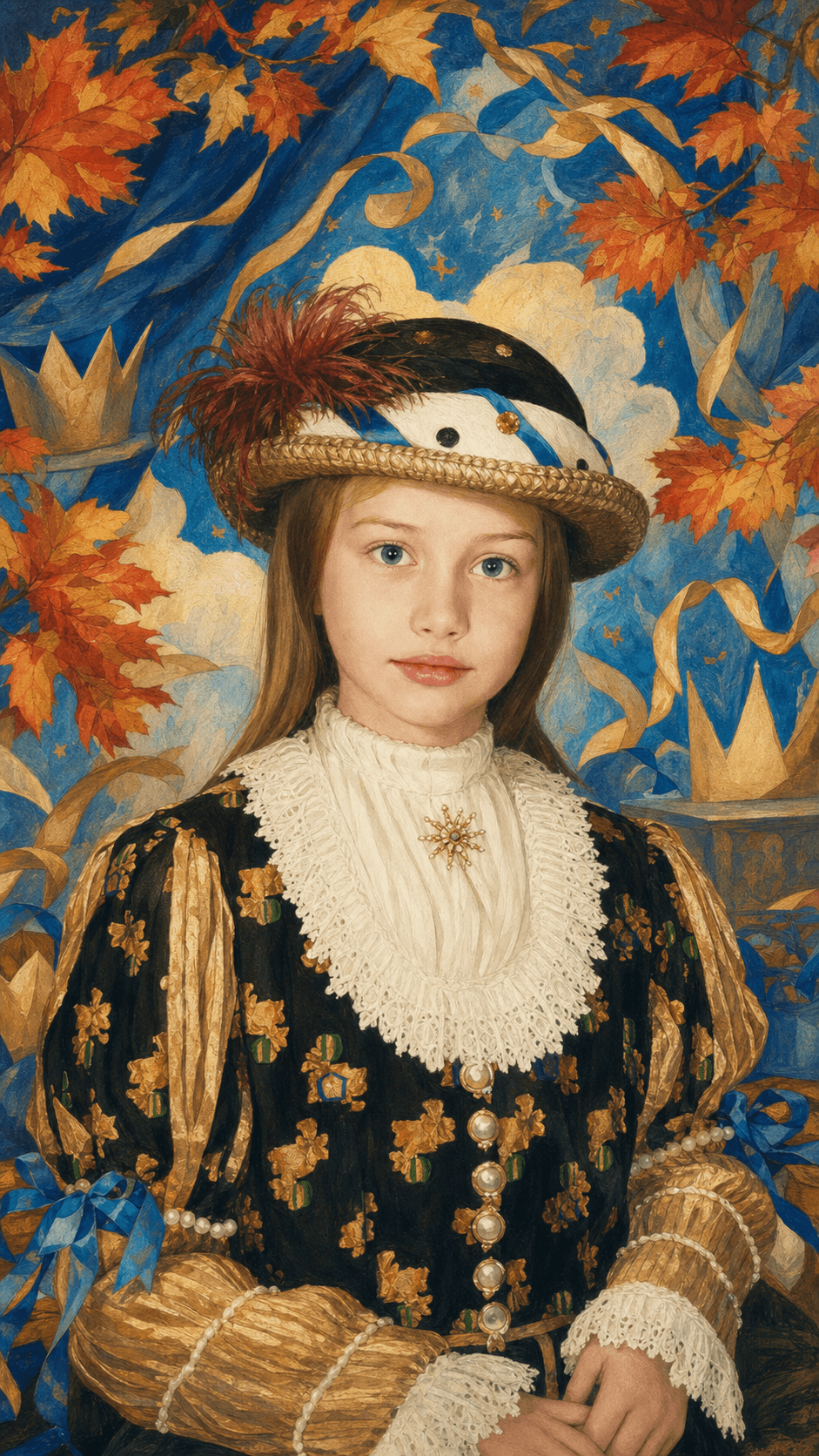 A painted childhood portrait of Anastasia in an elaborate costume
