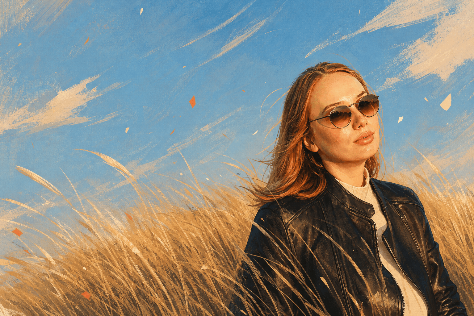 A painted portrait of Anastasia standing in golden dune grass