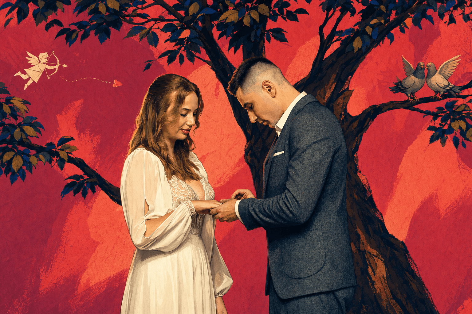 A painted scene of Anastasia and Vadim exchanging rings
